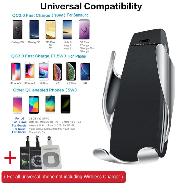 Universal compatibility chart for wireless car phone holder with Qi-enabled smartphones and adapters.