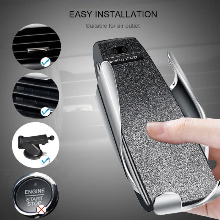 Easy installation of wireless car phone holder suitable for air vent mounting with touch sensor activation.
