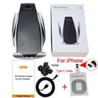 Wireless car phone holder kit with iPhone-compatible charging adapter, Type-C cable, and air vent mount.