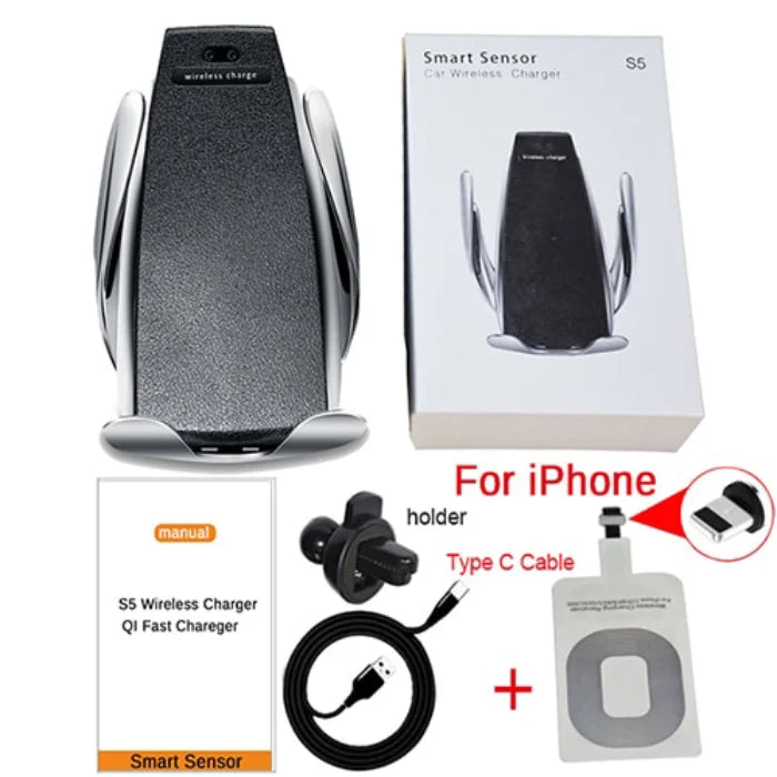 Wireless car phone holder kit with iPhone-compatible charging adapter, Type-C cable, and air vent mount.