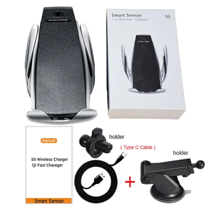 Full package of wireless car phone holder with box, Type-C cable, manual, and mounting accessories.