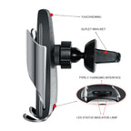 Wireless car phone holder with labeled features including Type-C port, air vent mount, and LED indicator.