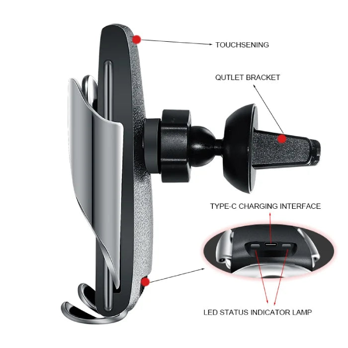 Wireless car phone holder with labeled features including Type-C port, air vent mount, and LED indicator.