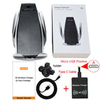 Wireless car phone holder kit with micro USB and Type-C adapter options and complete charging setup.