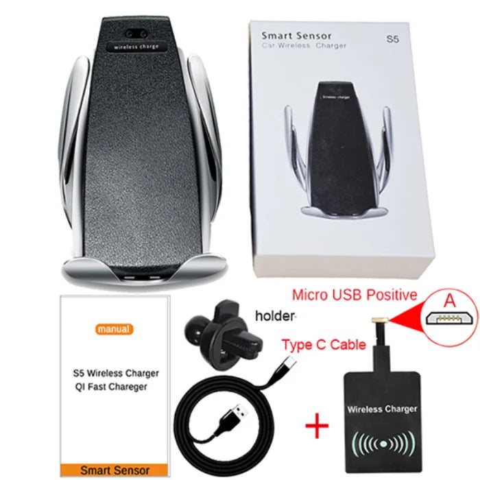 Wireless car phone holder kit with micro USB and Type-C adapter options and complete charging setup.
