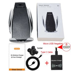Wireless car phone holder set with Micro USB negative adapter, Type-C cable, mount, and charger.