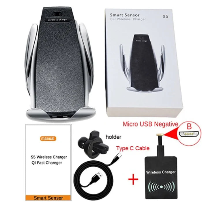 Wireless car phone holder set with Micro USB negative adapter, Type-C cable, mount, and charger.