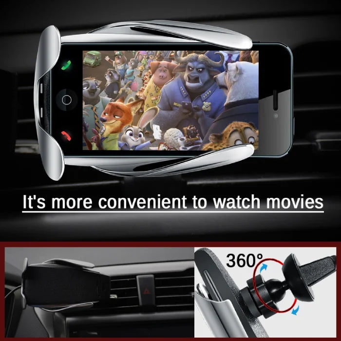 Wireless car phone holder in 360° rotation mode, perfect for watching videos while mounted on car vent.