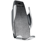 Side angle of wireless car phone holder showing metallic arms and textured grip surface.