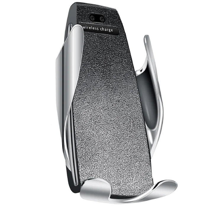 Side angle of wireless car phone holder showing metallic arms and textured grip surface.