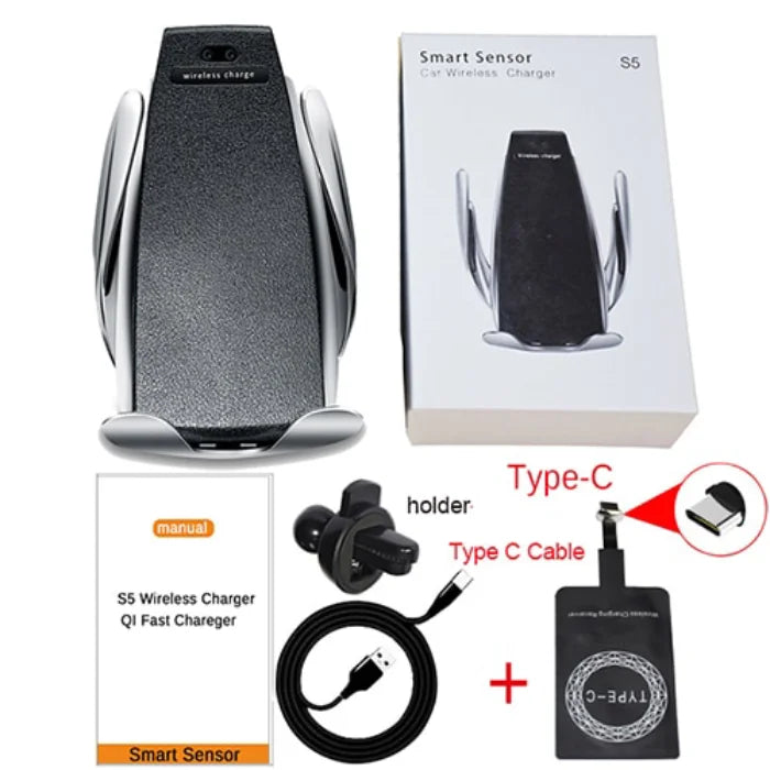 Wireless car phone holder with Type-C adapter, cable, and full kit for universal charging support.