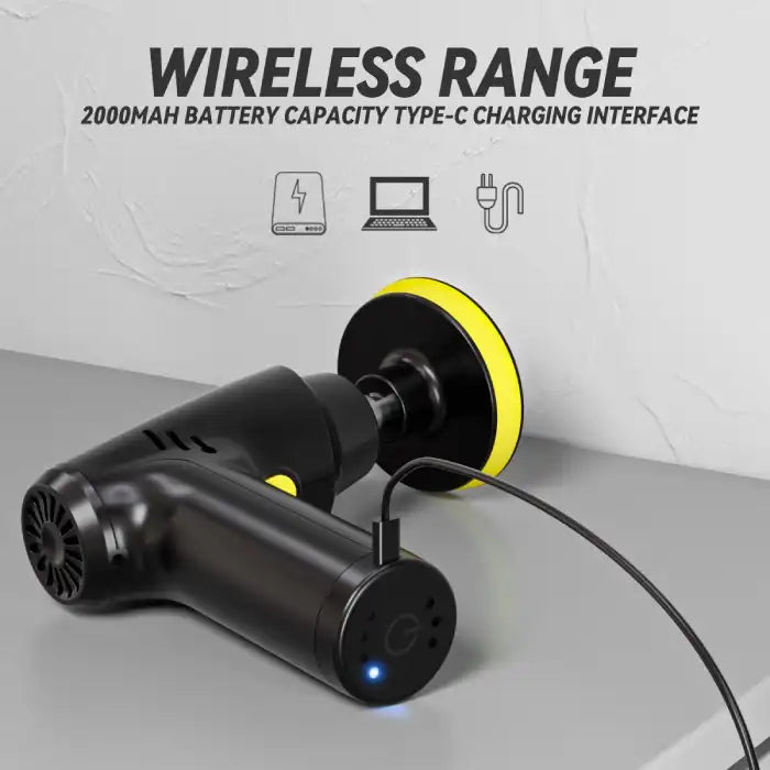 Wireless Car Polisher Gun with Type-C charging cable and 2000mAh battery on table surface
