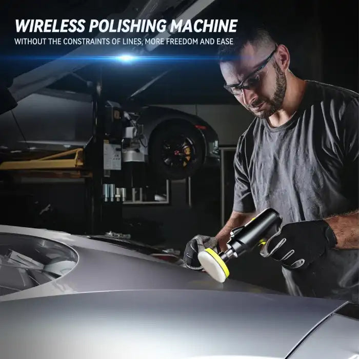 Wireless Car Polisher Gun being used by mechanic to polish car hood in garage setting