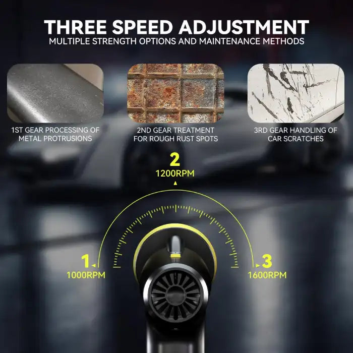 Wireless Car Polisher Gun showing three adjustable speed gears for polishing, rust, and scratches