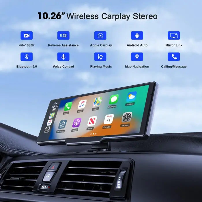 Wireless CarPlay 10.26-inch display mounted on dashboard featuring multiple connectivity options and smart features including voice control.