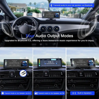 Wireless CarPlay audio output options including Bluetooth 5.0 transmission, AUX connection, FM transmission, and built-in speaker modes.