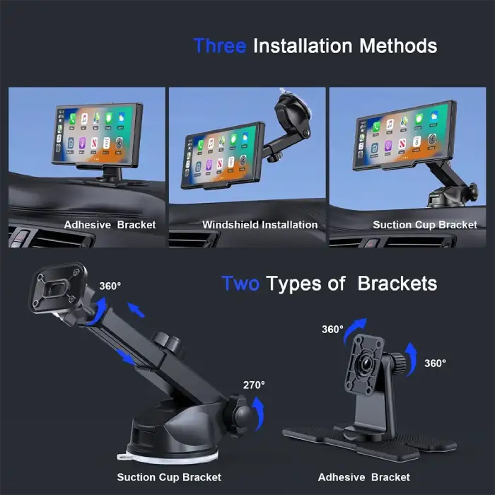 Wireless CarPlay display with three mounting options: adhesive bracket, windshield mount and suction cup with 360-degree rotation.