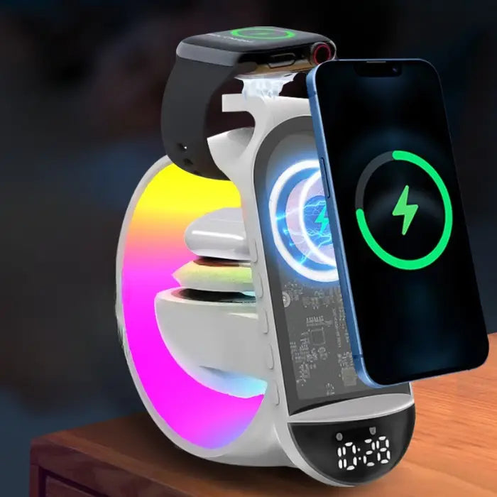 Multifunctional wireless charger with alarm, Bluetooth speaker, colorful lights.