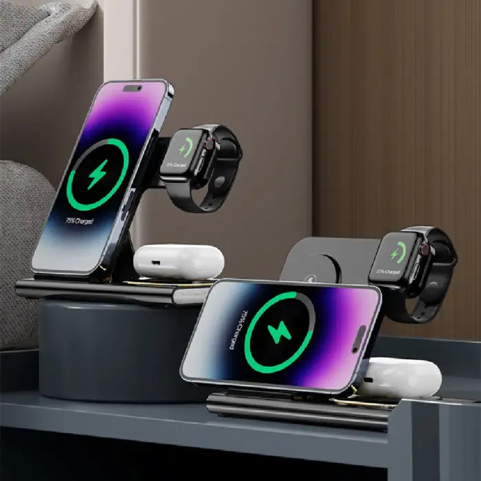 Two wireless charging stands on desk showing phones with purple charging animations and mounted smartwatches