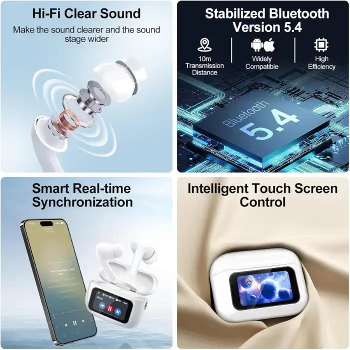 Wireless Earbuds with Bluetooth 5.4, Hi-Fi clear sound, smart sync, and intelligent touchscreen control.