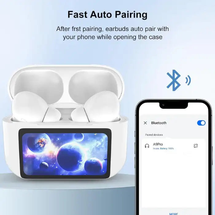 Wireless Earbuds with fast auto Bluetooth pairing shown connected to a smartphone on opening the case.