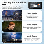 Wireless Earbuds with low latency game mode, enhanced music scene, and premium movie sound mode.