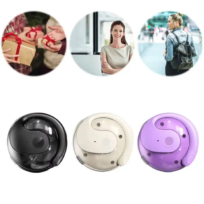 Three lifestyle scenarios and three color options for wireless earbuds with charging cases