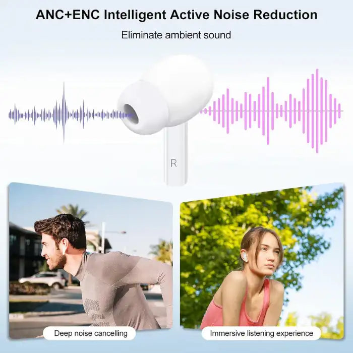 Wireless Earbuds with ANC and ENC noise reduction, ideal for immersive listening and outdoor workouts.