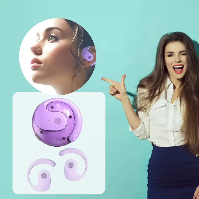 wireless earbuds components and profile view showing purple earbud in use