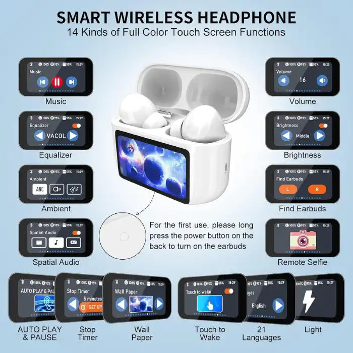 Wireless Earbuds with 14 touchscreen features including ambient sound, timer, selfie mode, and equalizer.