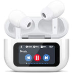 Wireless Earbuds with smart touchscreen charging case showing music playback and battery status.