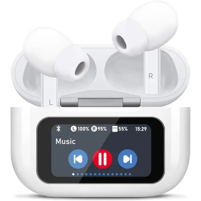 Wireless Earbuds with smart touchscreen charging case showing music playback and battery status.
