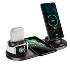 Wireless fast charging station in matte black holding and charging AirPods, iPhone, and watch