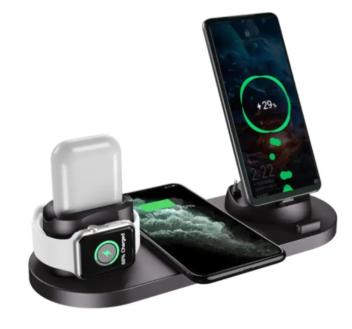 Wireless fast charging station in matte black holding and charging AirPods, iPhone, and watch