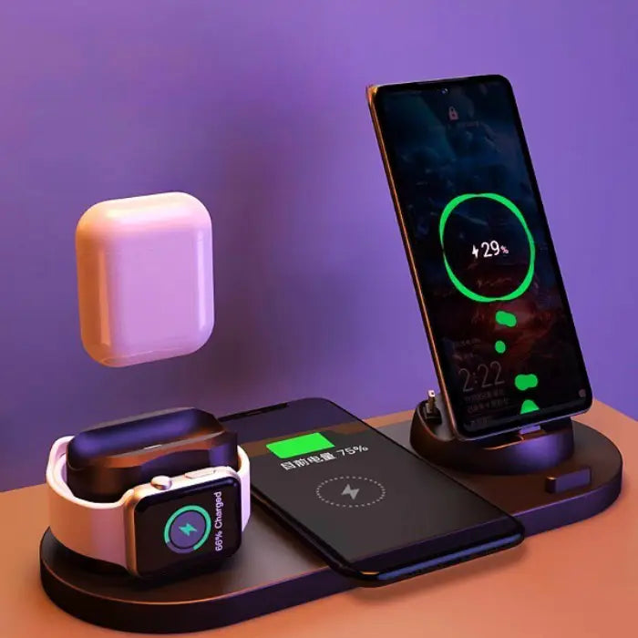 Wireless fast charging station in black charging phone, smartwatch, and AirPods on nightstand