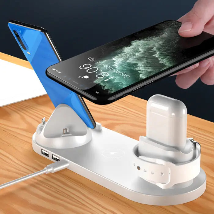 Wireless fast charging station showing dual phone charging and AirPods dock on desk