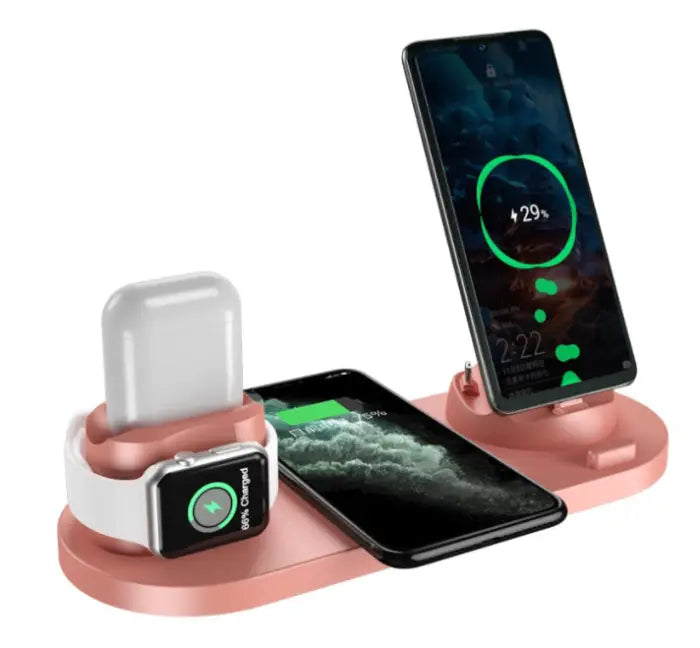 Wireless fast charging station in rose gold powering three Apple devices at once
