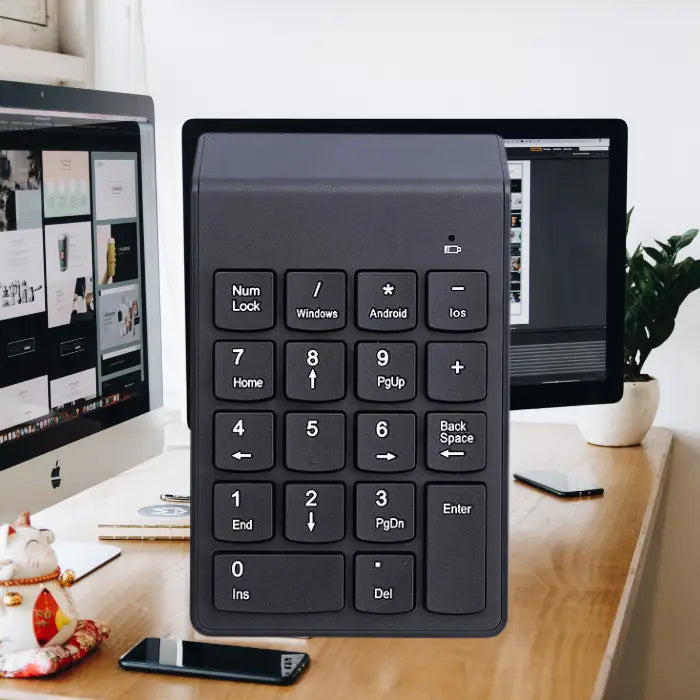 Wireless numeric keypad for laptop with Windows, Android, and iOS compatibility.