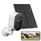 Wireless solar security camera with waterproof IP65 rating and solar panel for outdoor home surveillance.