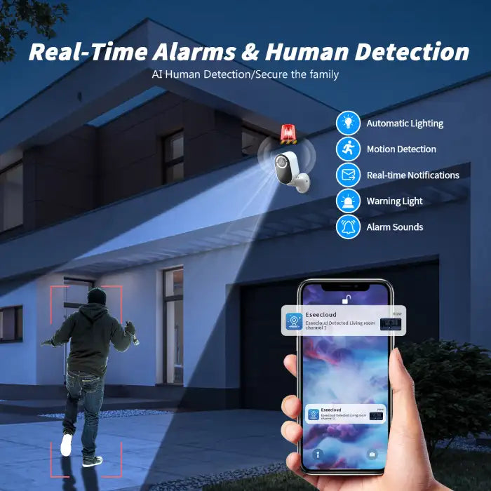 Wireless solar security camera detecting intruder at night with motion alert and real-time phone notifications.