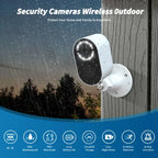 Wireless solar security camera mounted on wall in rain, showing weatherproof features and night vision LEDs.