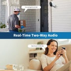 Wireless solar security camera enabling two-way audio between homeowner and delivery person at front door.