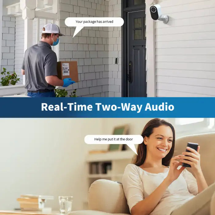 Wireless solar security camera enabling two-way audio between homeowner and delivery person at front door.