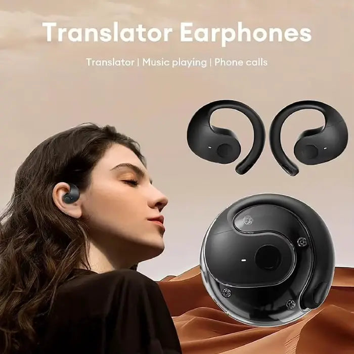 Wireless translator earbuds with curved ear hooks and round charging case, shown with model wearing black earphone