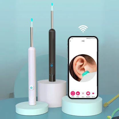 Two models of wireless visual earpicks displayed with app connectivity features.