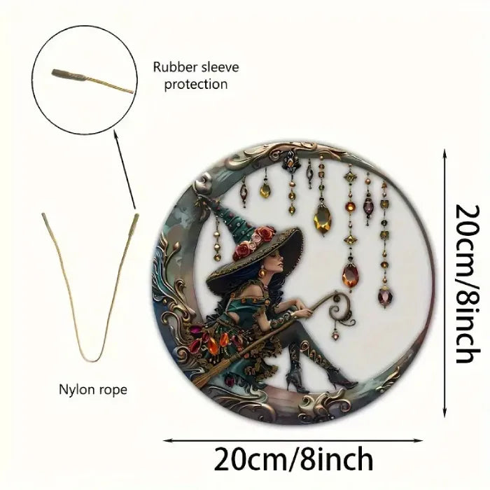 Product specifications showing 8-inch witch suncatcher dimensions with nylon rope and rubber sleeve protection details