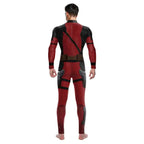 Back view of Deadpool-style suit in red and black with utility belt for cosplay alongside Wolverine costume.