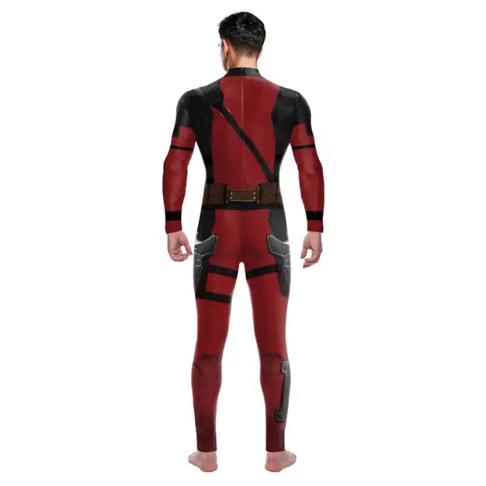 Back view of Deadpool-style suit in red and black with utility belt for cosplay alongside Wolverine costume.