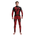 Red and black Deadpool suit with front zipper and belt next to yellow Wolverine costume for men.