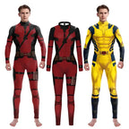 Wolverine costume and Deadpool bodysuits in red and yellow superhero designs for cosplay or Halloween.